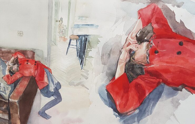 Spilt Milk artwork called Leaving for Party. Watercolour painting of a child in a red coat and tights leaning over the side of the sofa