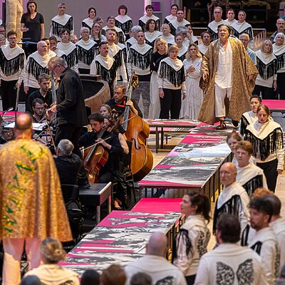 Scottish Opera's Community Chorus perform Oedipus Rex at the National Museum of Scotland as part of the Edinburgh International Festival