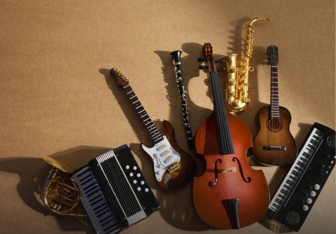 A mix of musical instruments laid out