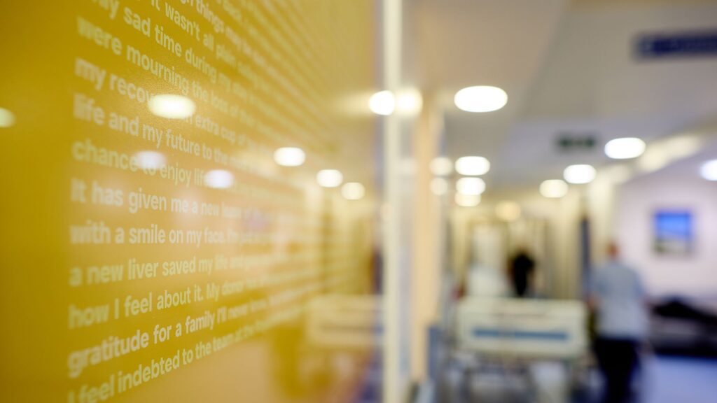 Grateful by Rebecca Milling in the corridor of the Royal Infirmary of Edinburgh outside the Transplant Unit