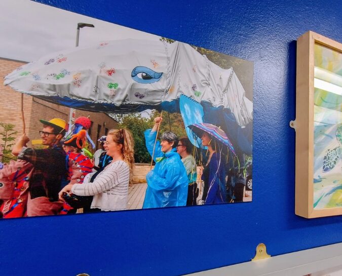 Image of whale on blue wall