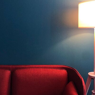 close up of a sofa and ambient light in the quiet room as part of the staff wellbeing space at St John's Hospital